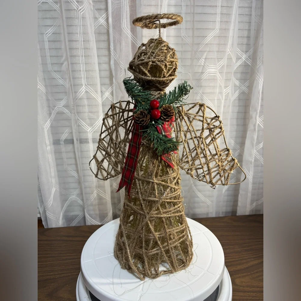 Rustic Holiday Angel Figurine with Green and Red Accents 16” H